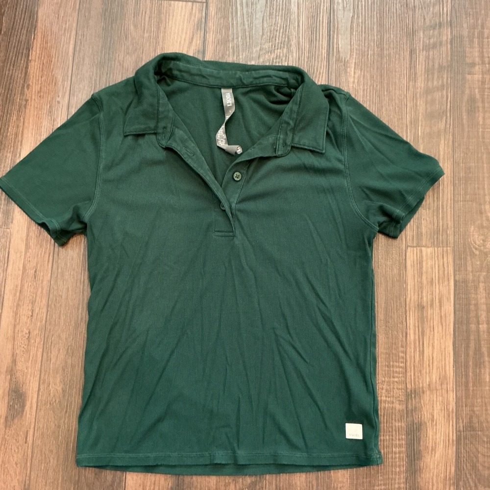 Vuori Ribbed Short Sleeve Polo Shirt Green Button Front Stretch Large L Active